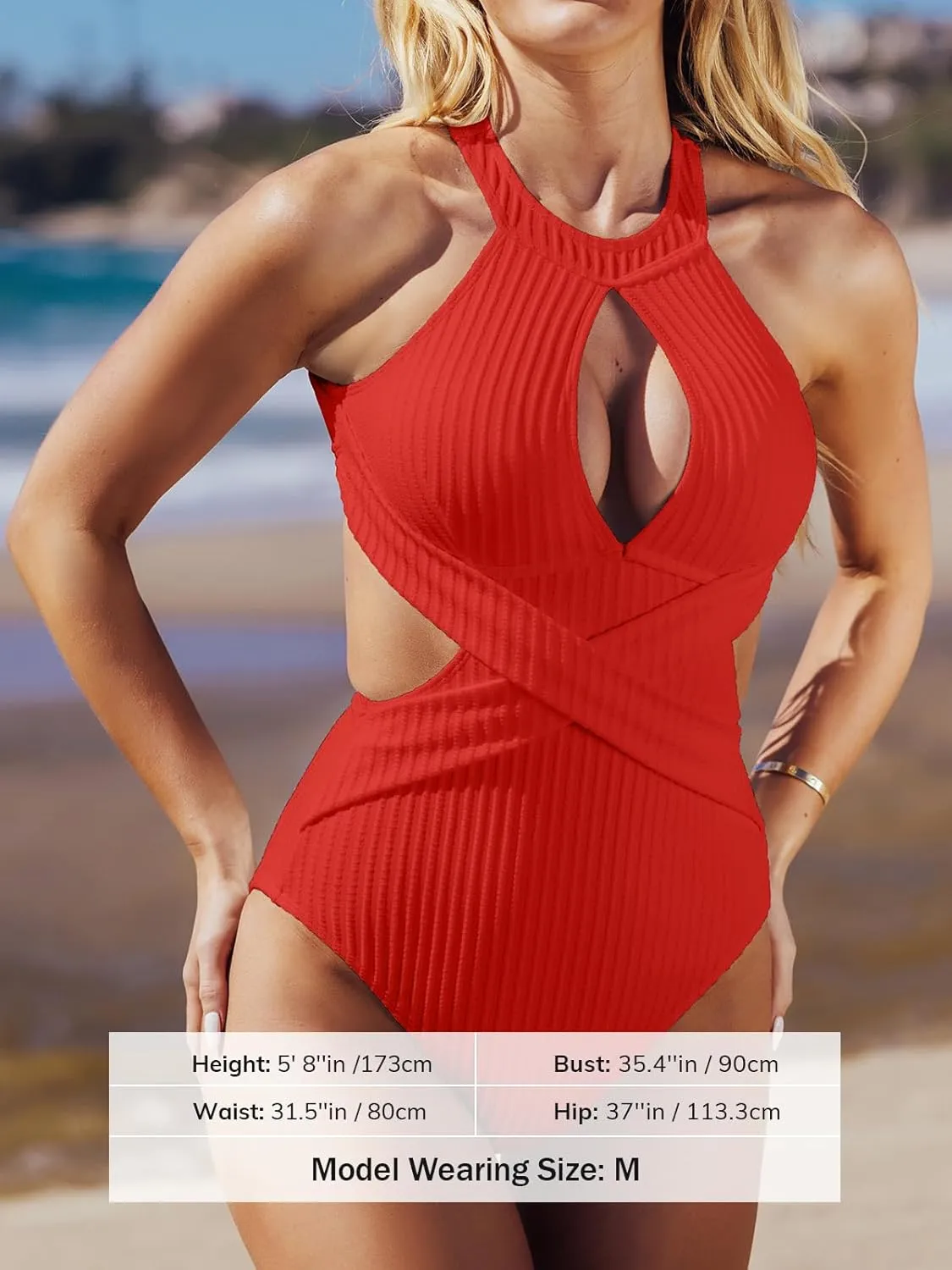 CUPSHE Women's One Piece Swimsuit High Neck Cutout Ribbed Texture Back Hook Hollow Wrapped