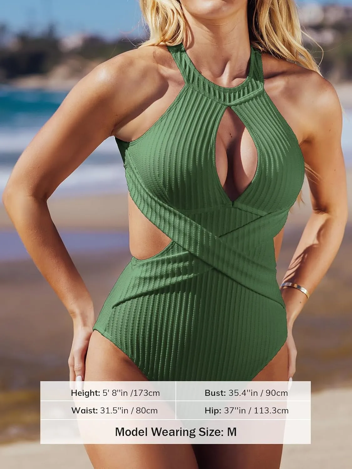 CUPSHE Women's One Piece Swimsuit High Neck Cutout Ribbed Texture Back Hook Hollow Wrapped