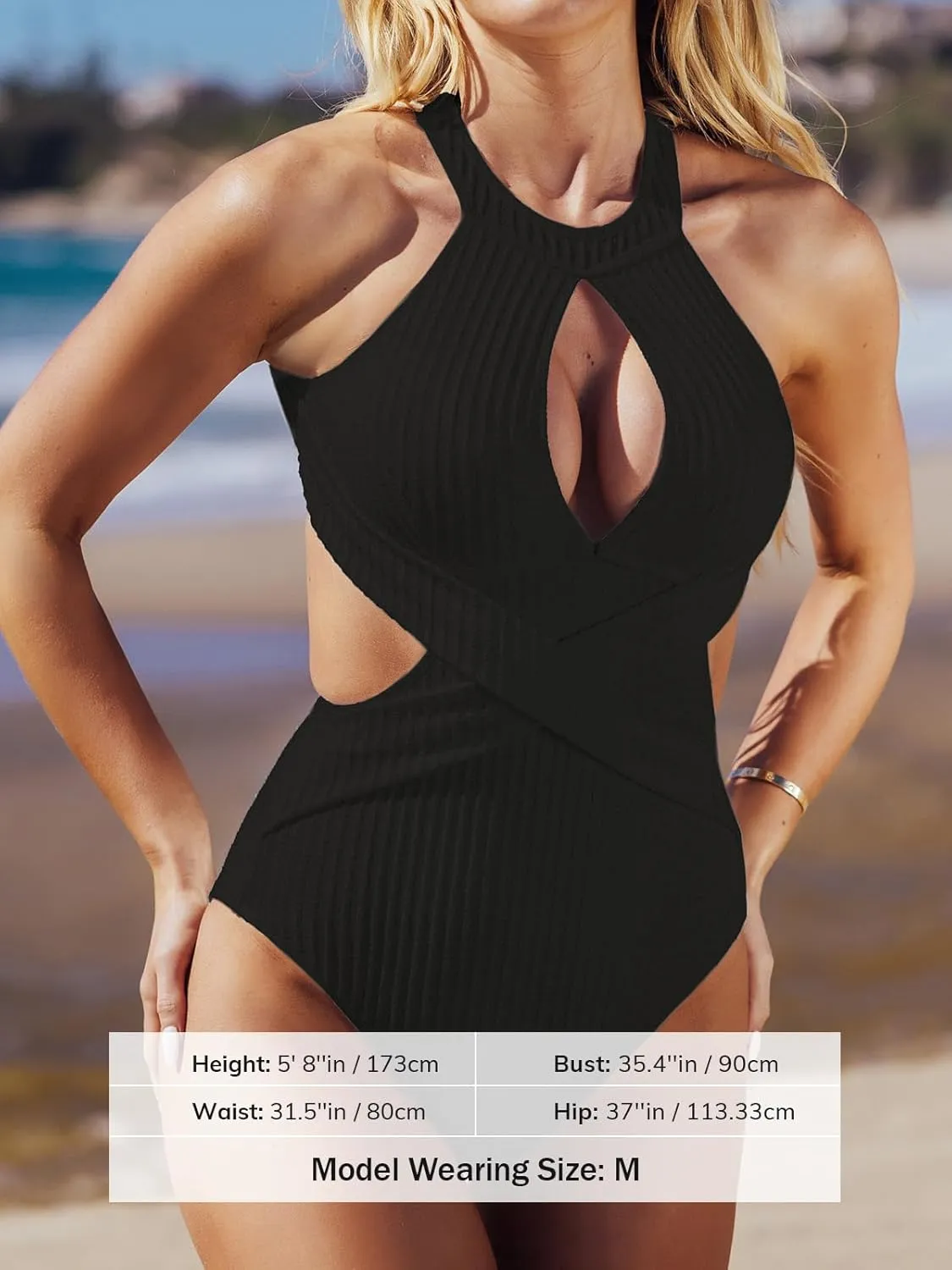 CUPSHE Women's One Piece Swimsuit High Neck Cutout Ribbed Texture Back Hook Hollow Wrapped