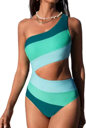 CUPSHE Women's One Piece Swimsuit One Shoulder Bathing Suit Cutout Color Block Swimwear
