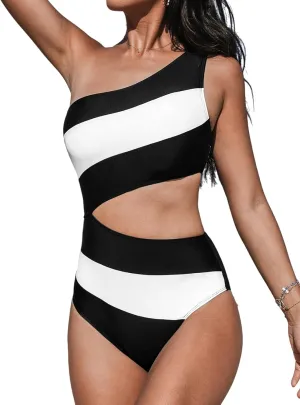 CUPSHE Women's One Piece Swimsuit One Shoulder Bathing Suit Cutout Color Block Swimwear