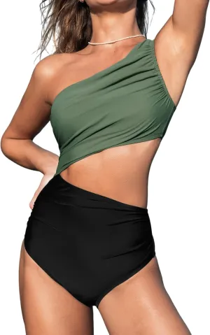 CUPSHE Women's One Piece Swimsuit One Shoulder Color Block Side Cutout Ruched Bathing Suit