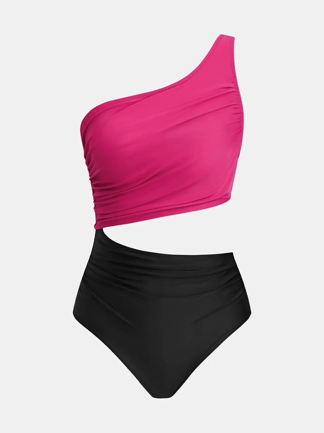 CUPSHE Women's One Piece Swimsuit One Shoulder Color Block Side Cutout Ruched Bathing Suit