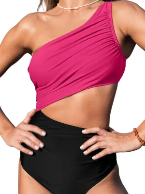 CUPSHE Women's One Piece Swimsuit One Shoulder Color Block Side Cutout Ruched Bathing Suit