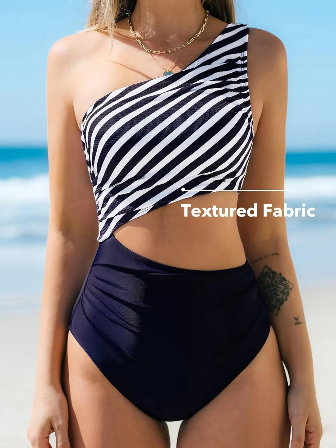 CUPSHE Women's One Piece Swimsuit One Shoulder Color Block Side Cutout Ruched Bathing Suit
