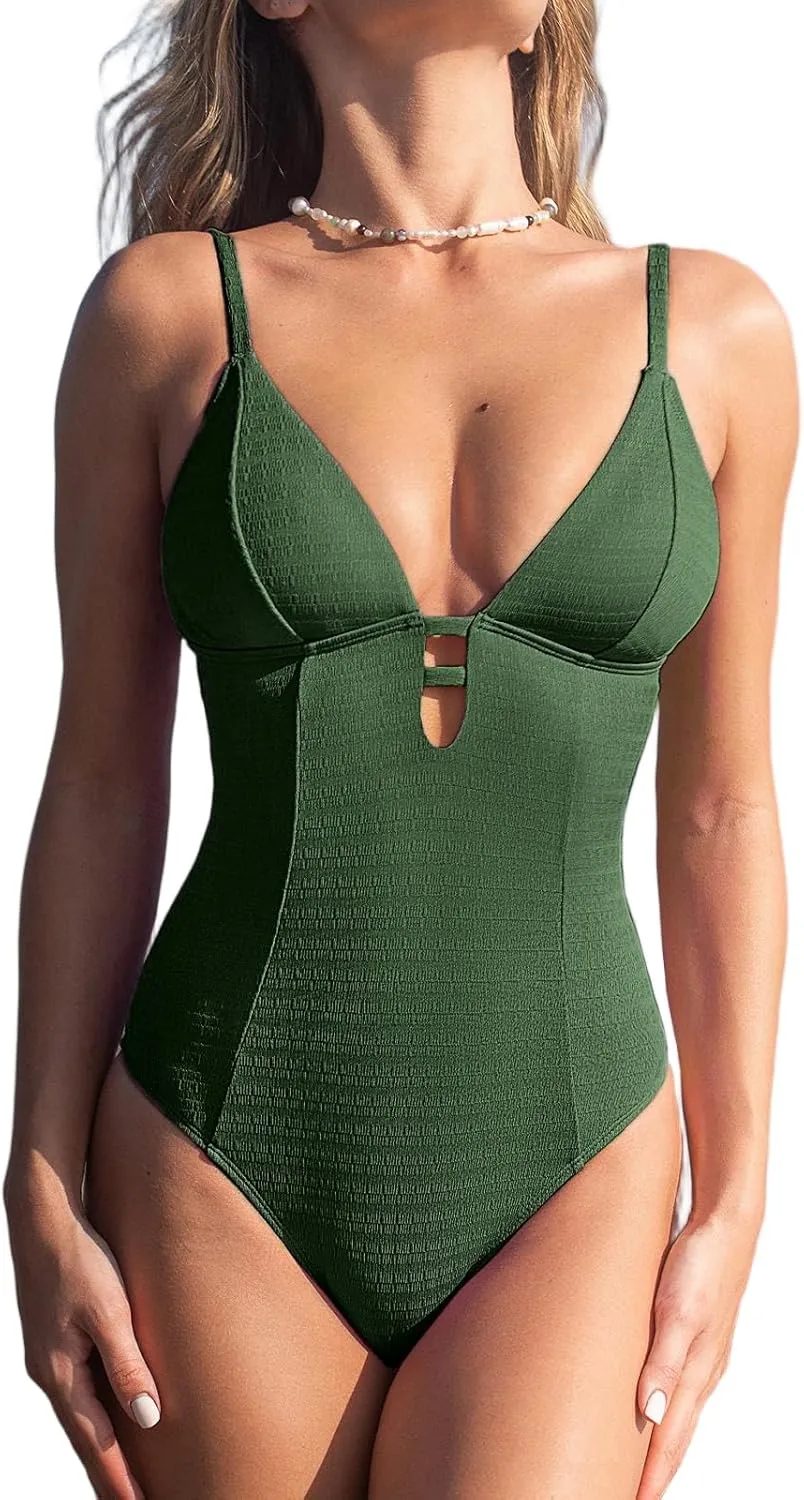 CUPSHE Women's One Piece Swimsuit Plunging Deep V Neck Keyhole Open Back Adjustable Strap Bathing Suit Textured