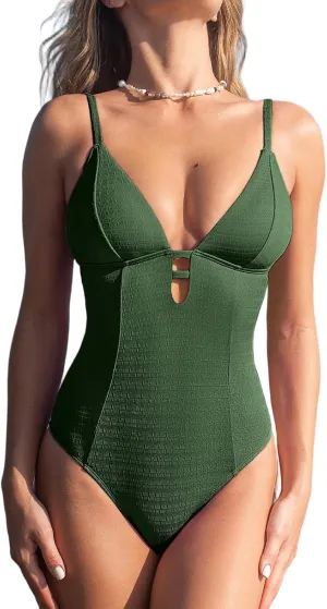 CUPSHE Women's One Piece Swimsuit Plunging Deep V Neck Keyhole Open Back Adjustable Strap Bathing Suit Textured