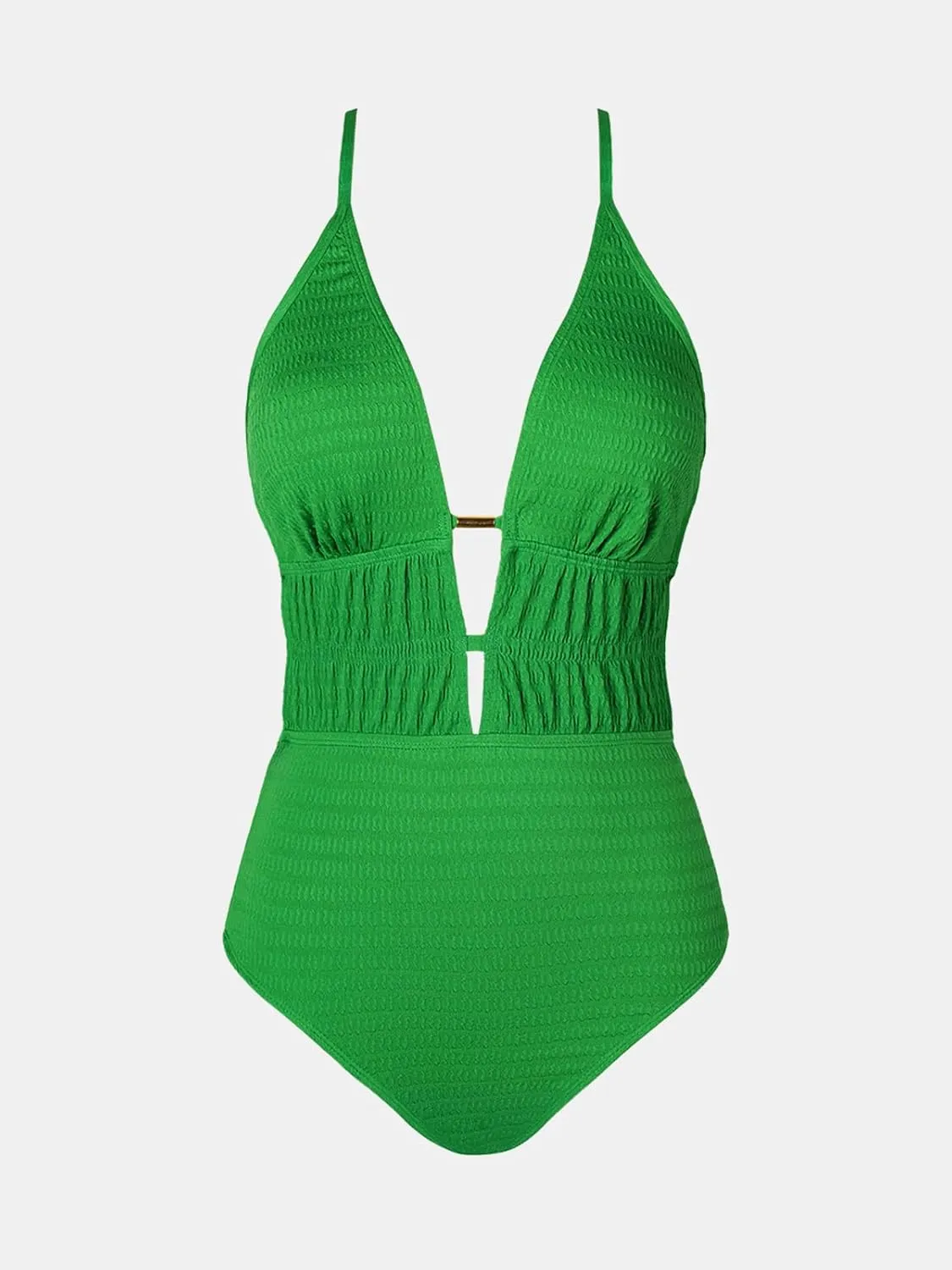 CUPSHE Women's One Piece Swimsuit Plunging Neck Cutouts Bathing Suit Textured Ruched Crisscross Back Self Tie Swimwear