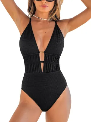 CUPSHE Women's One Piece Swimsuit Plunging Neck Cutouts Bathing Suit Textured Ruched Crisscross Back Self Tie Swimwear