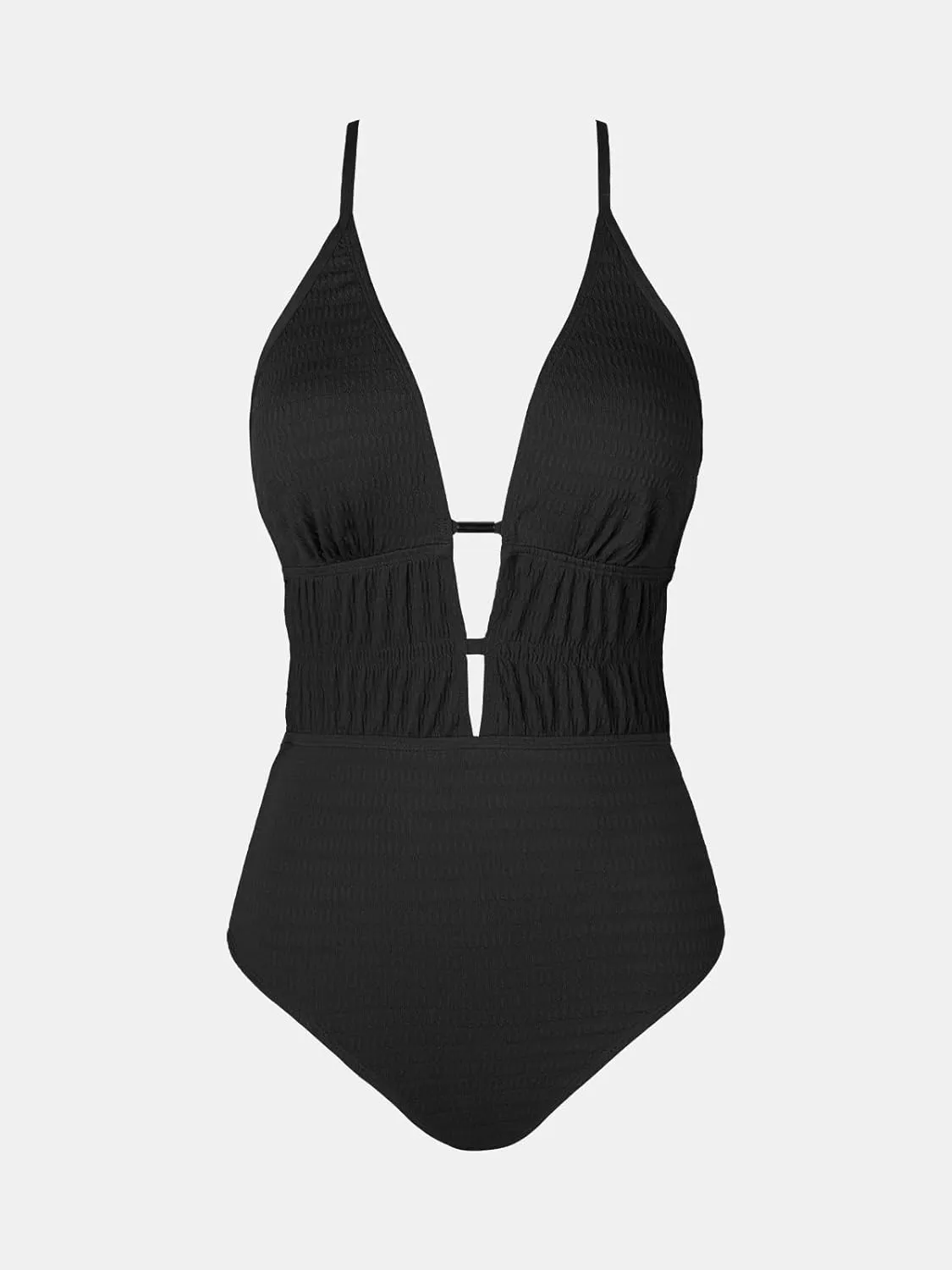 CUPSHE Women's One Piece Swimsuit Plunging Neck Cutouts Bathing Suit Textured Ruched Crisscross Back Self Tie Swimwear