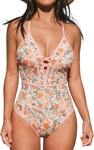 CUPSHE Women's One Piece Swimsuit Plunging V Neck Bathing Suit Crisscross Back Tie Slimming Sculpting Color Block