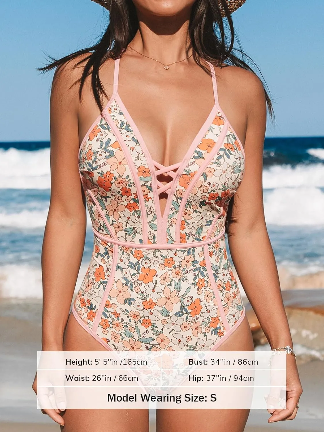 CUPSHE Women's One Piece Swimsuit Plunging V Neck Bathing Suit Crisscross Back Tie Slimming Sculpting Color Block