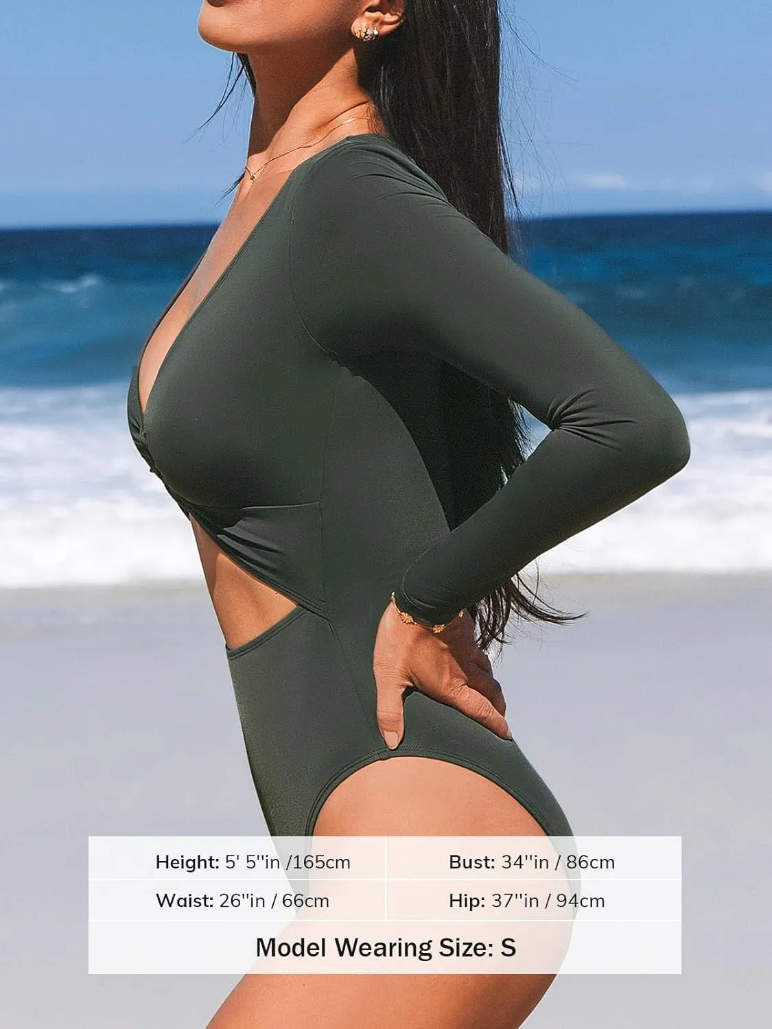 CUPSHE Women's One Piece Swimsuit Rash Guard Long Sleeve Cutout UPF 50  UV Deep V Neck O-Ring
