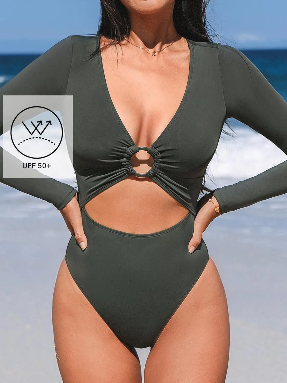 CUPSHE Women's One Piece Swimsuit Rash Guard Long Sleeve Cutout UPF 50  UV Deep V Neck O-Ring