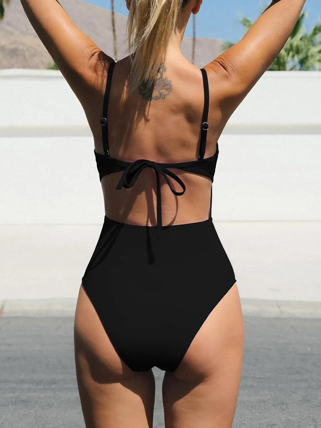 CUPSHE Women's One Piece Swimsuit Scoop Neck Adjustable Straps Cutout Back Self Tie Bathing Suit
