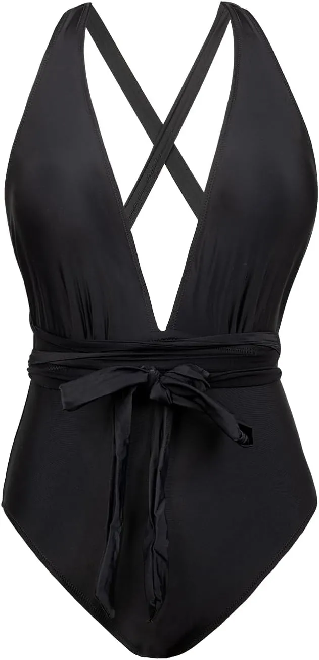 CUPSHE Women's One Piece Swimsuit Sexy Deep V Neck Bathing Suit Crisscross Back Self Tie