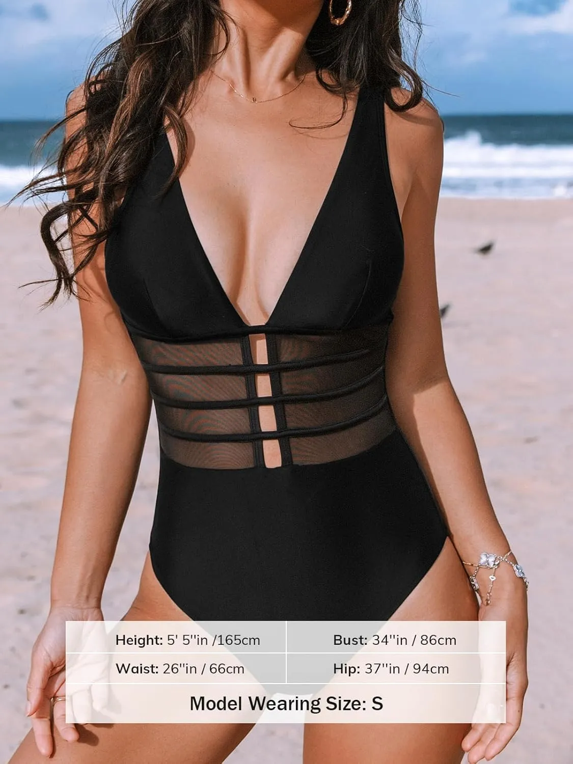 CUPSHE Women's One Piece Swimsuit Tummy Control Bathing Suit Deep V Neck Cut Out Mesh Adjustable Straps
