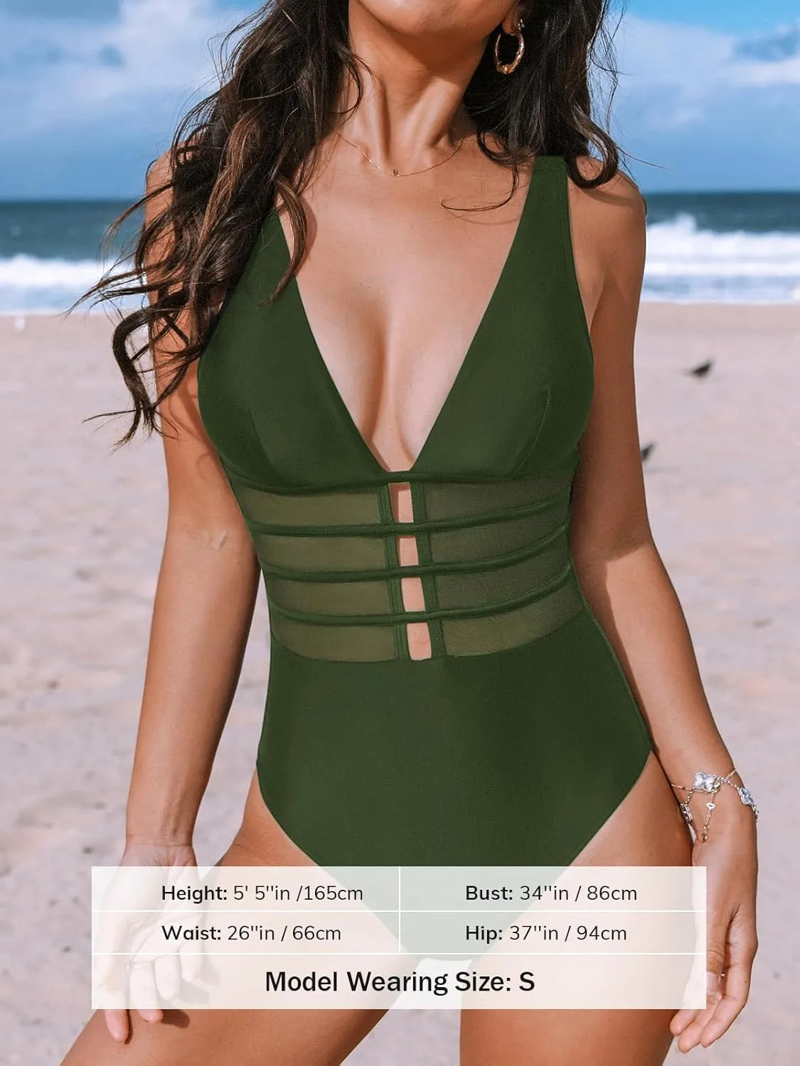 CUPSHE Women's One Piece Swimsuit Tummy Control Bathing Suit Deep V Neck Cut Out Mesh Adjustable Straps