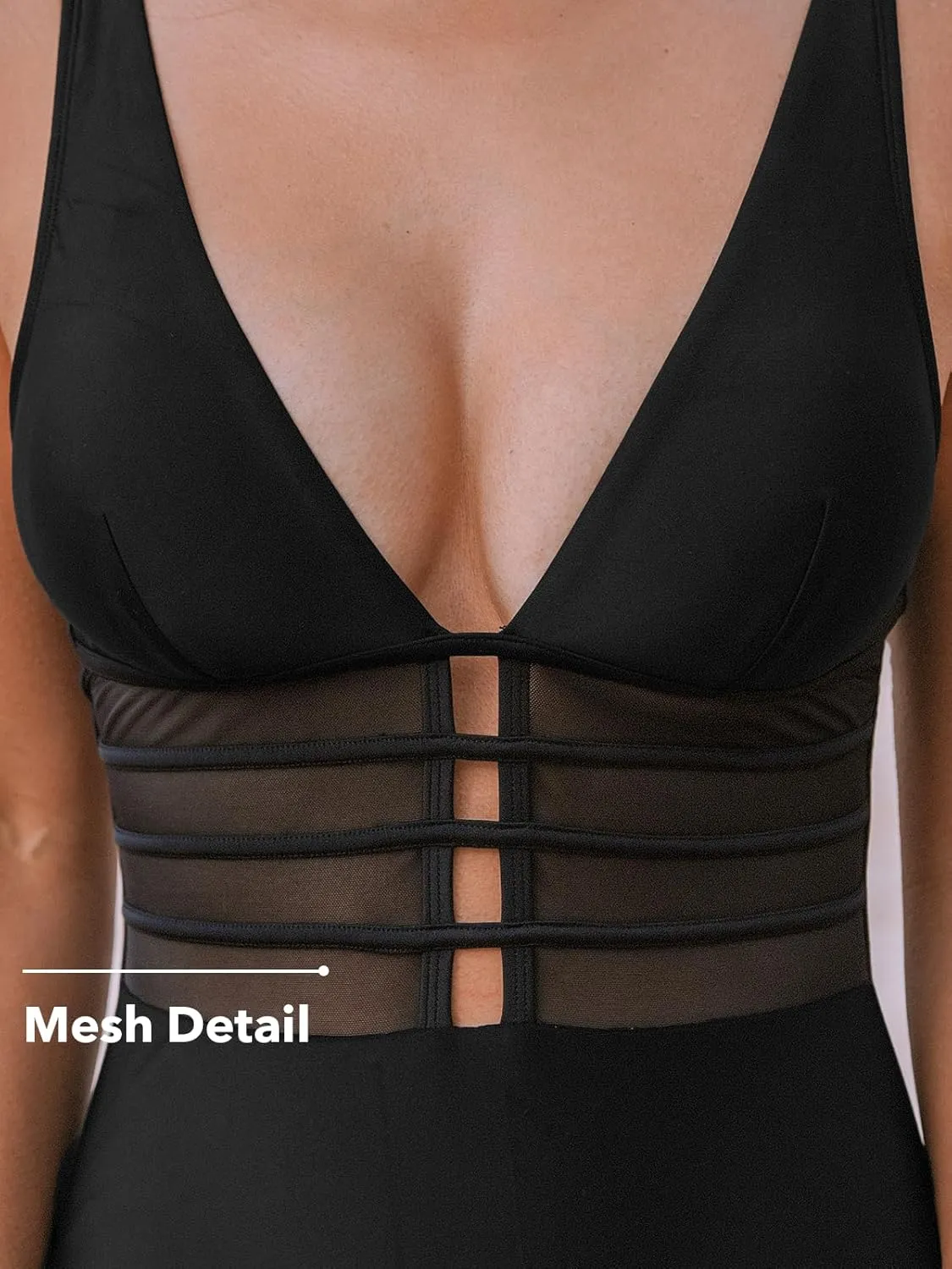 CUPSHE Women's One Piece Swimsuit Tummy Control Bathing Suit Deep V Neck Cut Out Mesh Adjustable Straps