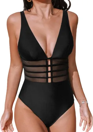 CUPSHE Women's One Piece Swimsuit Tummy Control Bathing Suit Deep V Neck Cut Out Mesh Adjustable Straps