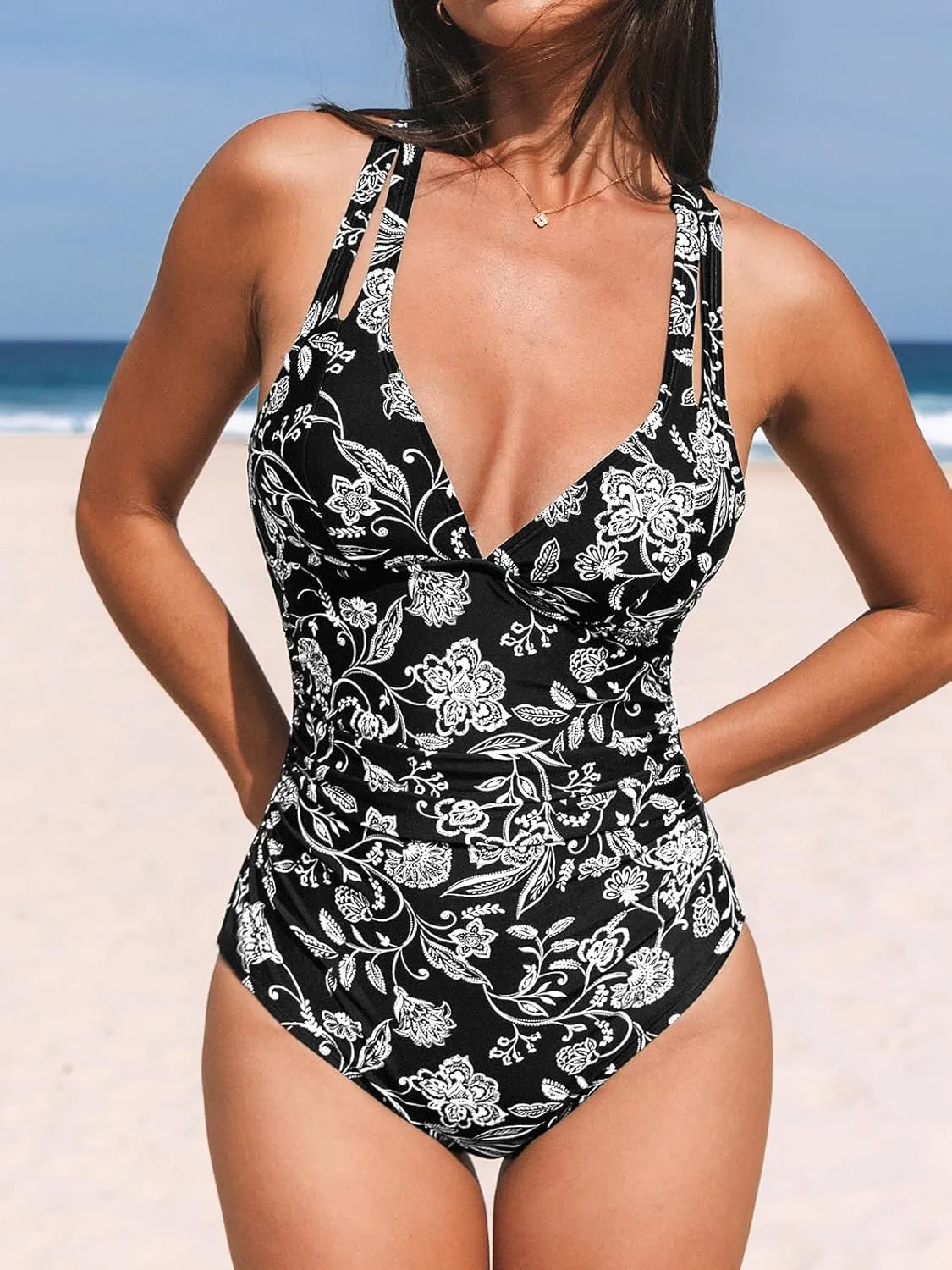 CUPSHE Women's One Piece Swimsuit Tummy Control Deep V Neck Double Straps Crisscross Back Tie Bathing Suit