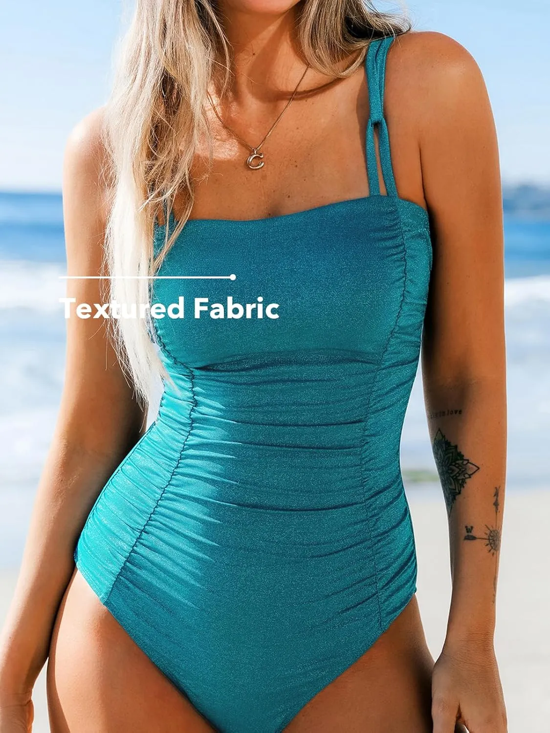 CUPSHE Women's One Piece Swimsuit Tummy Control Square Neck Bathing Suit Ruched Adjustable Straps