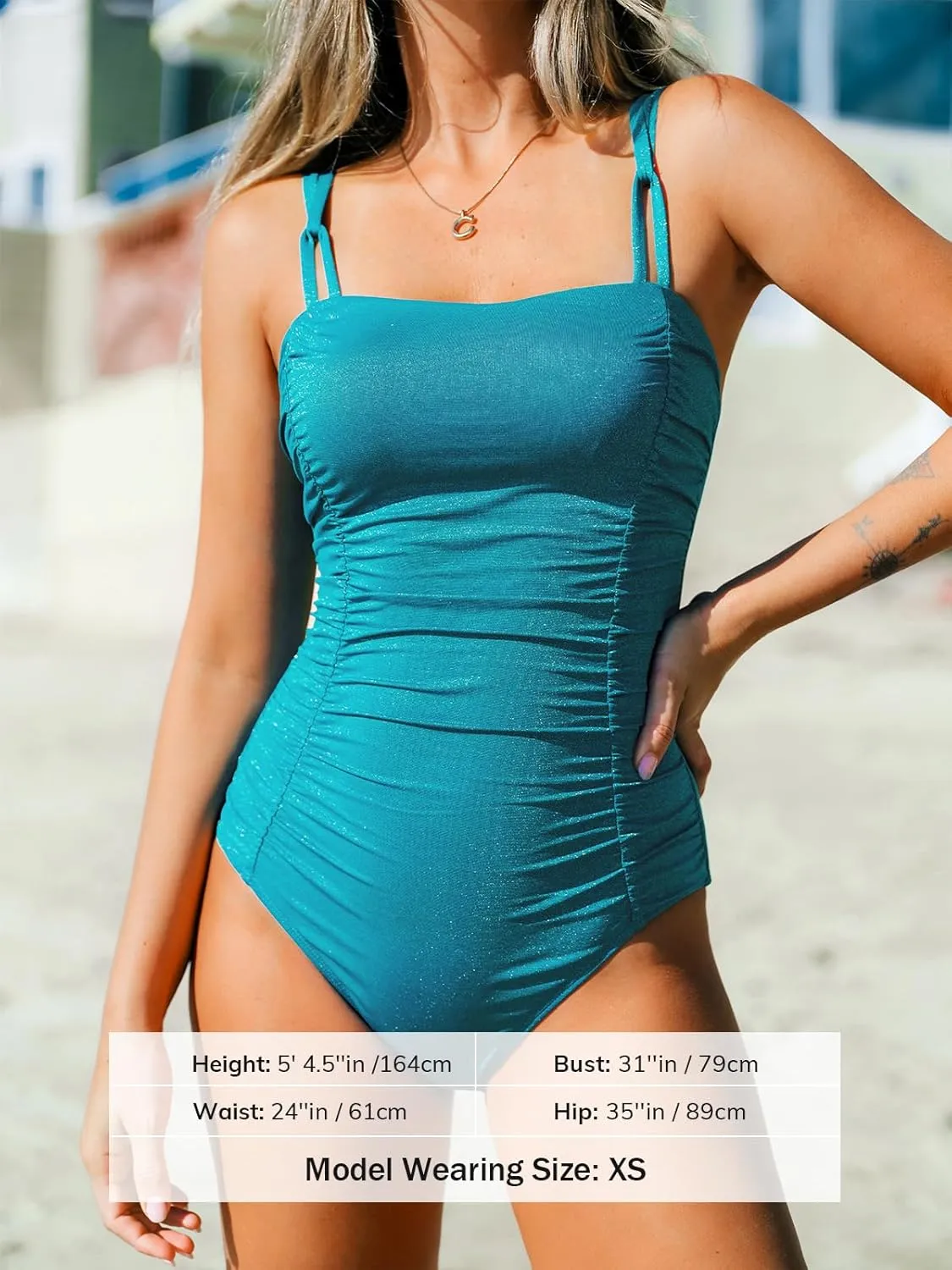 CUPSHE Women's One Piece Swimsuit Tummy Control Square Neck Bathing Suit Ruched Adjustable Straps