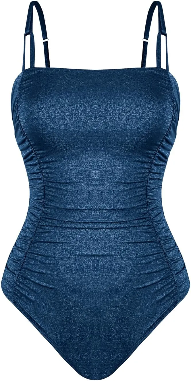 CUPSHE Women's One Piece Swimsuit Tummy Control Square Neck Bathing Suit Ruched Adjustable Straps