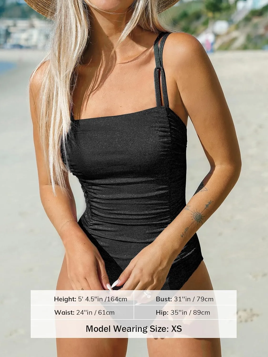 CUPSHE Women's One Piece Swimsuit Tummy Control Square Neck Bathing Suit Ruched Adjustable Straps