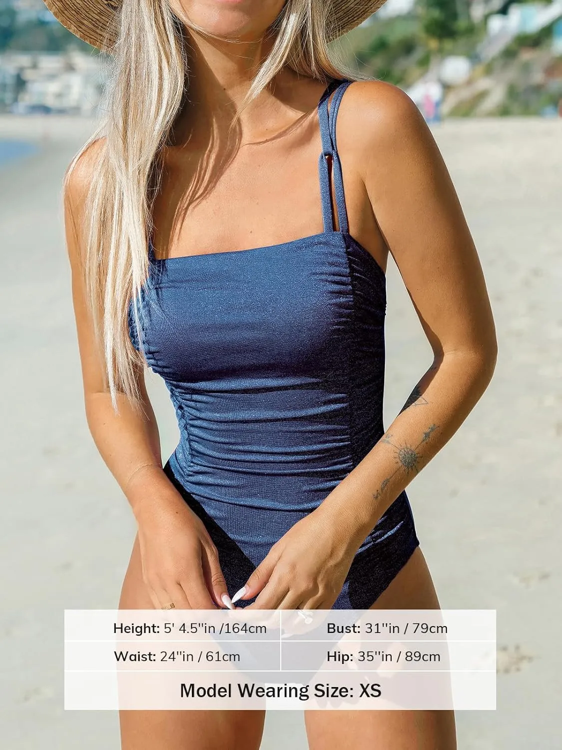 CUPSHE Women's One Piece Swimsuit Tummy Control Square Neck Bathing Suit Ruched Adjustable Straps
