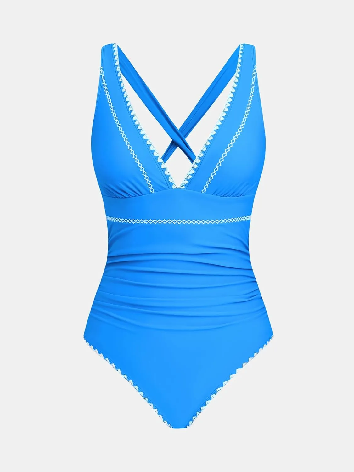 CUPSHE Women's One Piece Swimsuit V Neck Shell Stitched Bathing Suit Adjustable Crisscross Strappy Ruched Swimwear