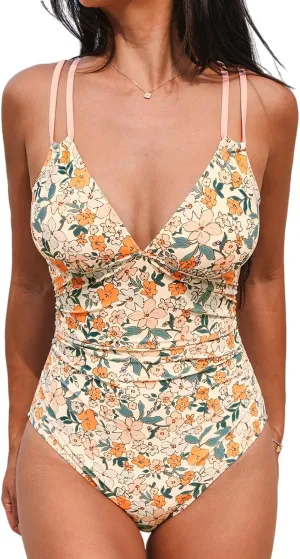 CUPSHE Women's One Piece Swimsuit V Neck Tummy Control Double Adjustable Straps Back Cutout O-Ring