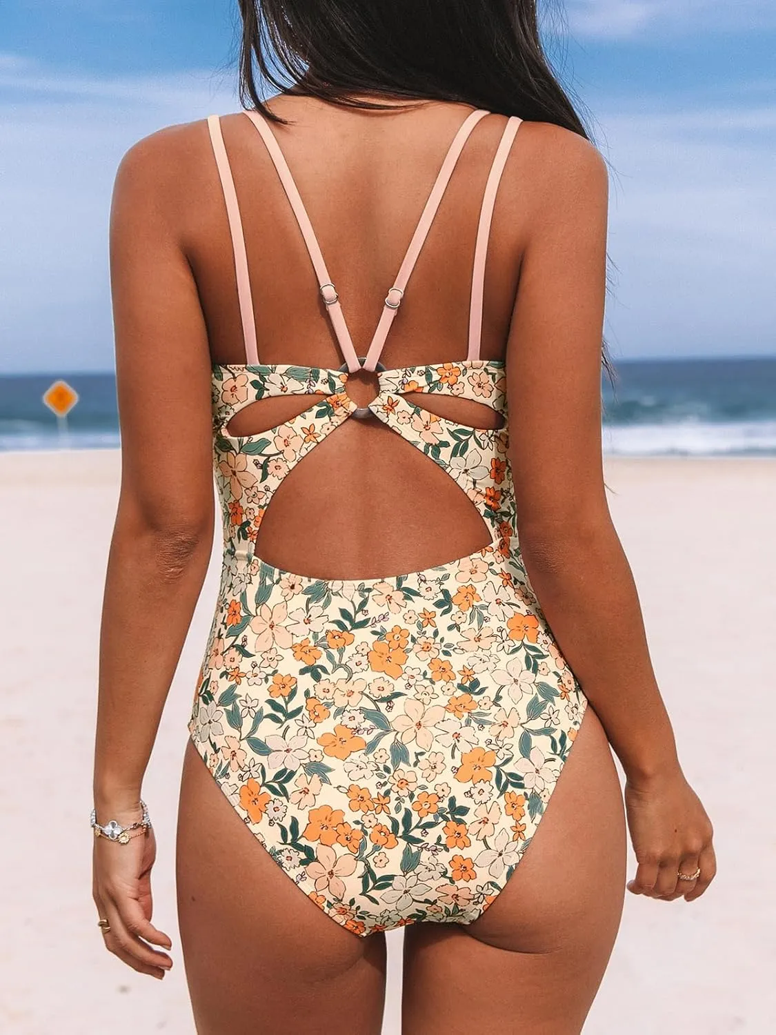 CUPSHE Women's One Piece Swimsuit V Neck Tummy Control Double Adjustable Straps Back Cutout O-Ring