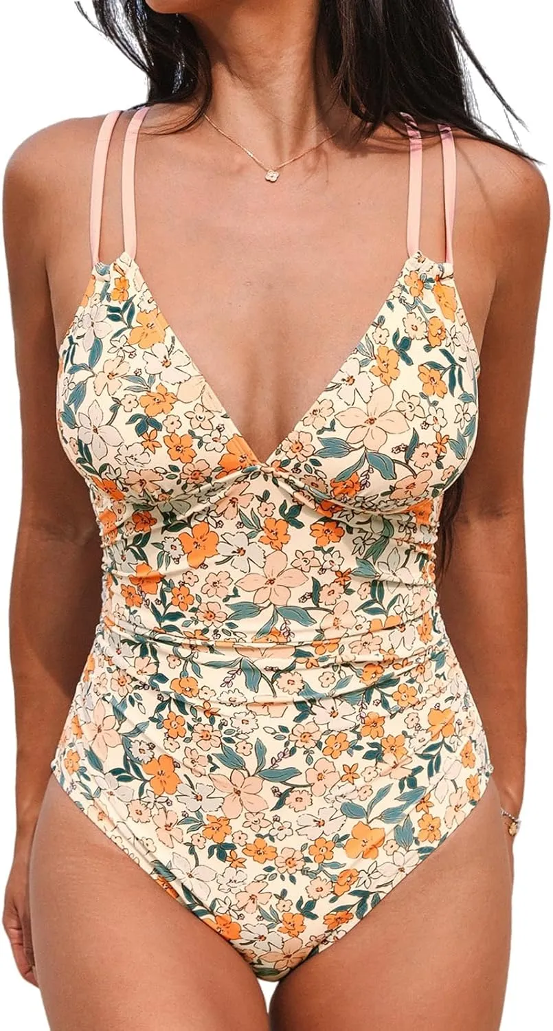 CUPSHE Women's One Piece Swimsuit V Neck Tummy Control Double Adjustable Straps Back Cutout O-Ring