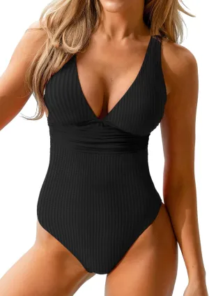 CUPSHE Women's One Piece Swimsuit Wide Straps V Neck Ruched Textured Ribbed Twist Back