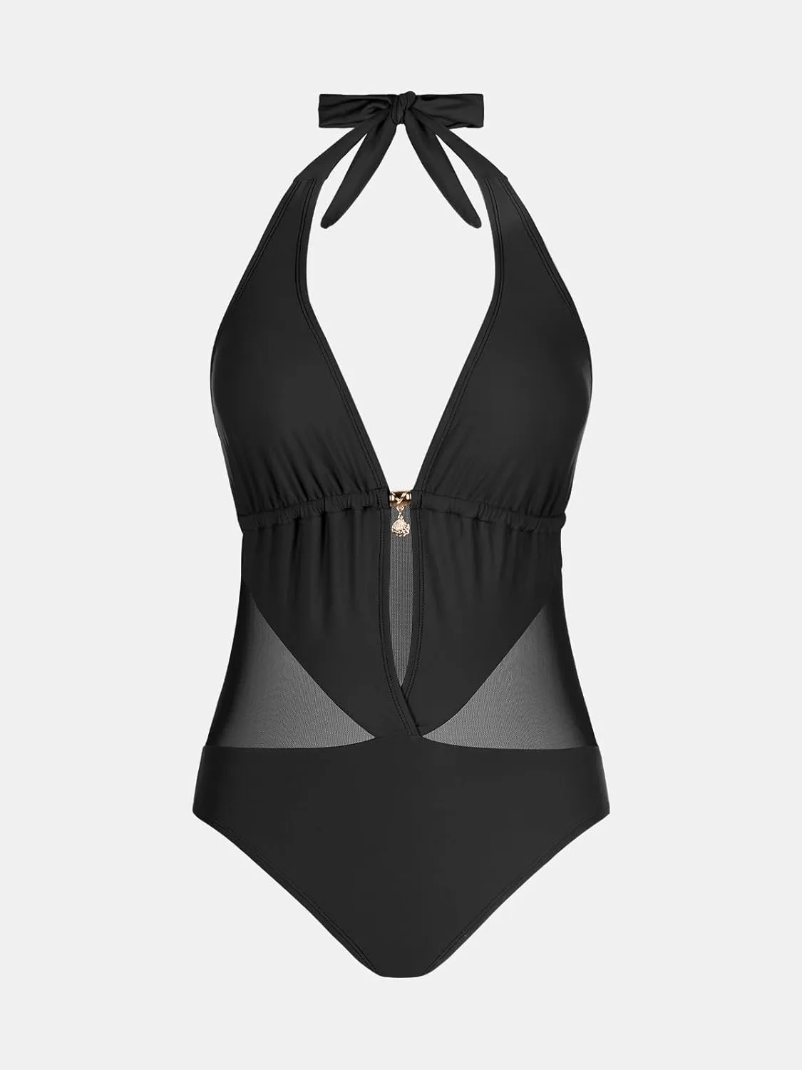 CUPSHE Women's Plunging Hater One Piece Ruched Mesh Panel Swimsuit Deep V Neck Open Back Bathing Suit