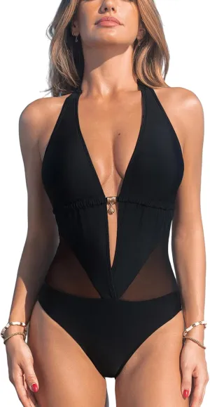 CUPSHE Women's Plunging Hater One Piece Ruched Mesh Panel Swimsuit Deep V Neck Open Back Bathing Suit