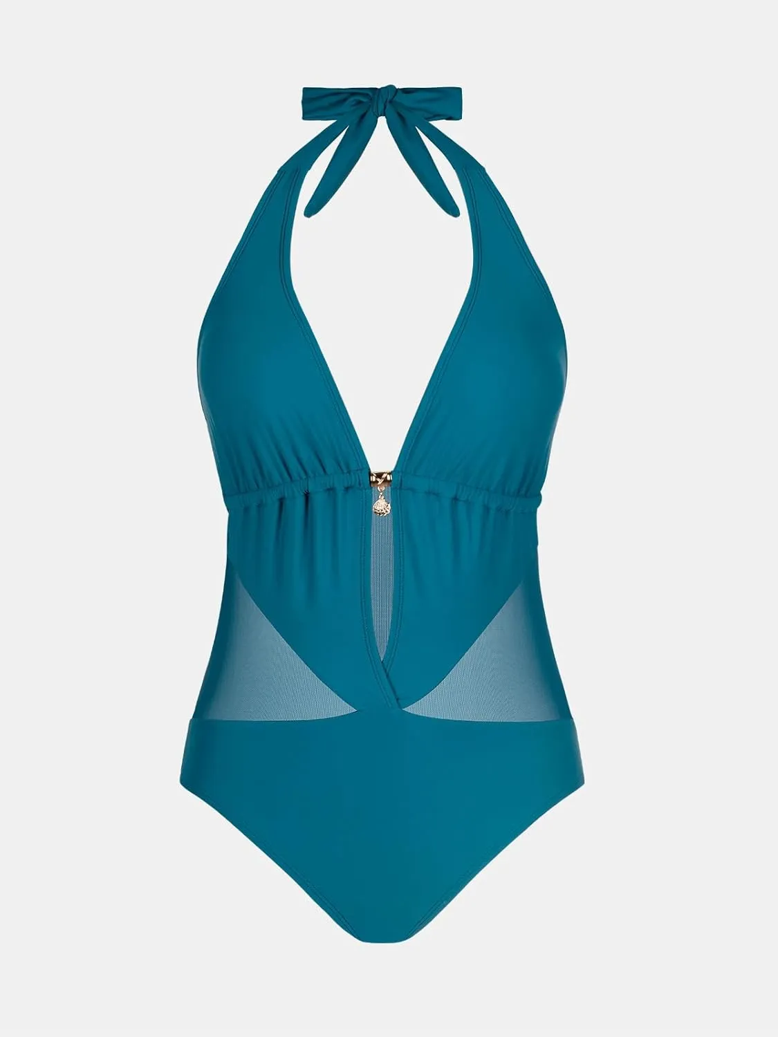 CUPSHE Women's Plunging Hater One Piece Ruched Mesh Panel Swimsuit Deep V Neck Open Back Bathing Suit
