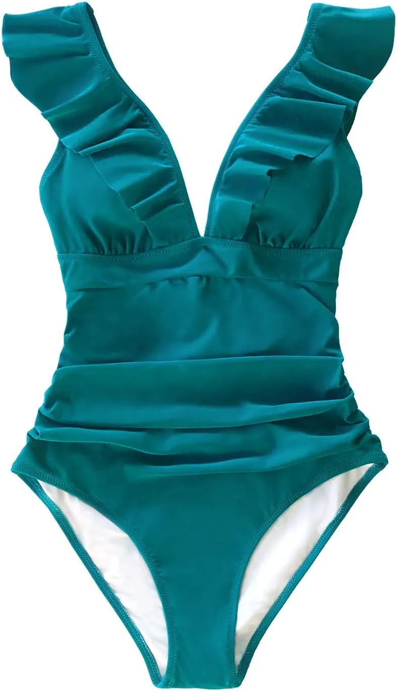 CUPSHE Women's Ruffled One Piece Swimsuit V Neck Lace Up