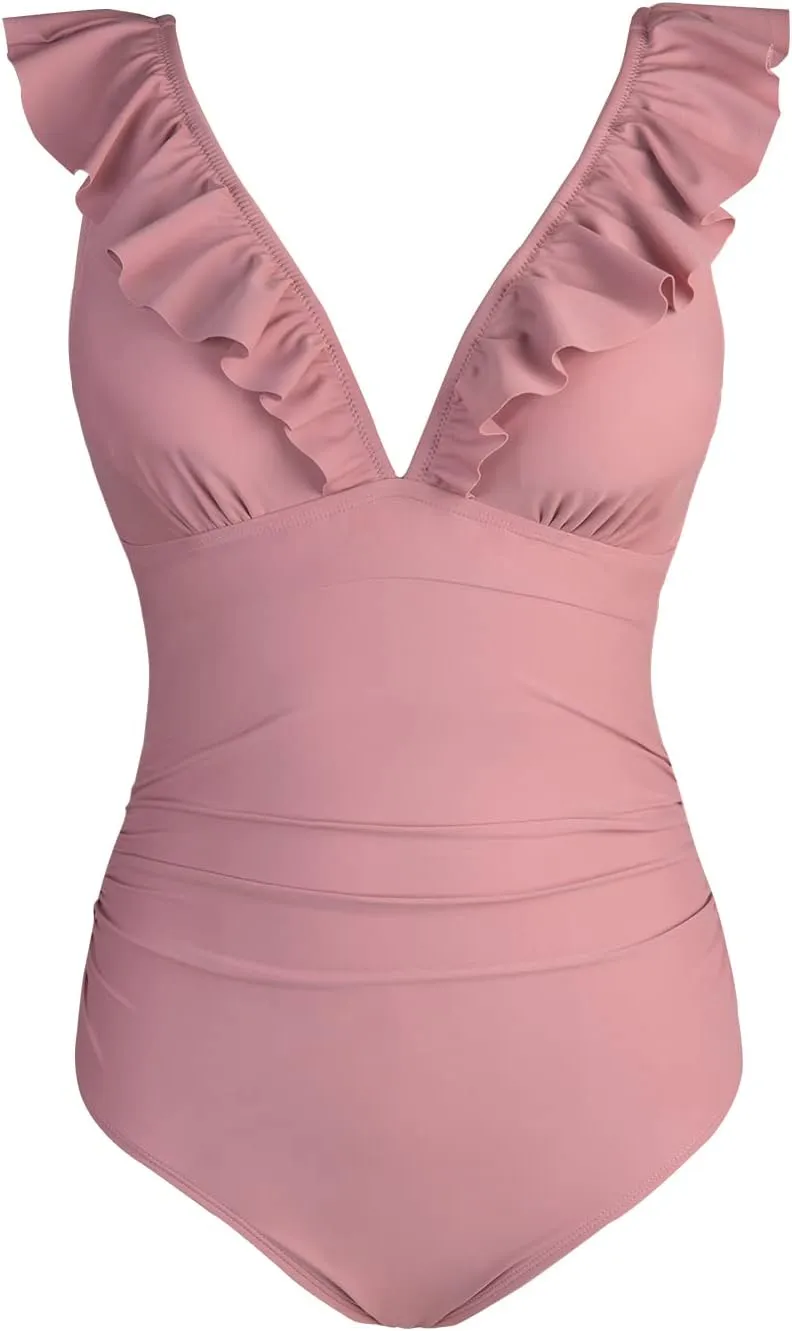 CUPSHE Women's Ruffled One Piece Swimsuit V Neck Lace Up