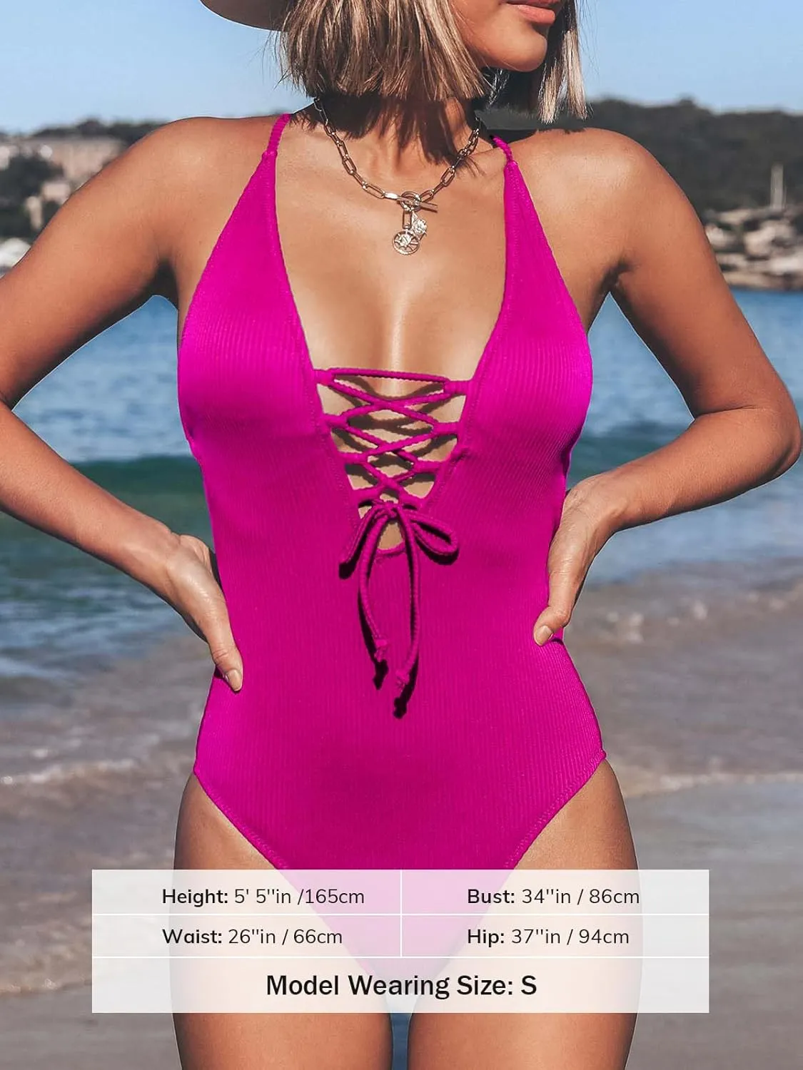 CUPSHE Women's Solid Color V Neck Lace Up One Piece Swimsuit