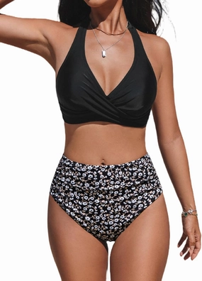 CUPSHE Women's Bikini Sets Two Piece Bathing Suit High Waisted V Neck Halter Front Twist Back Hook Textured