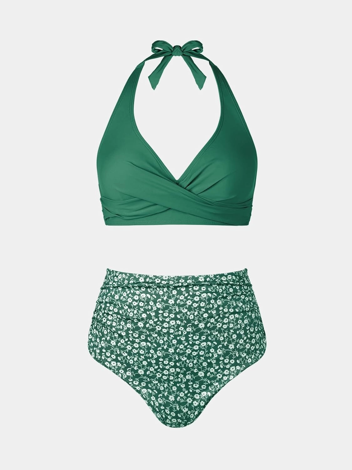 CUPSHE Women's Bikini Sets Two Piece Bathing Suit High Waisted V Neck Halter Front Twist Back Hook Textured
