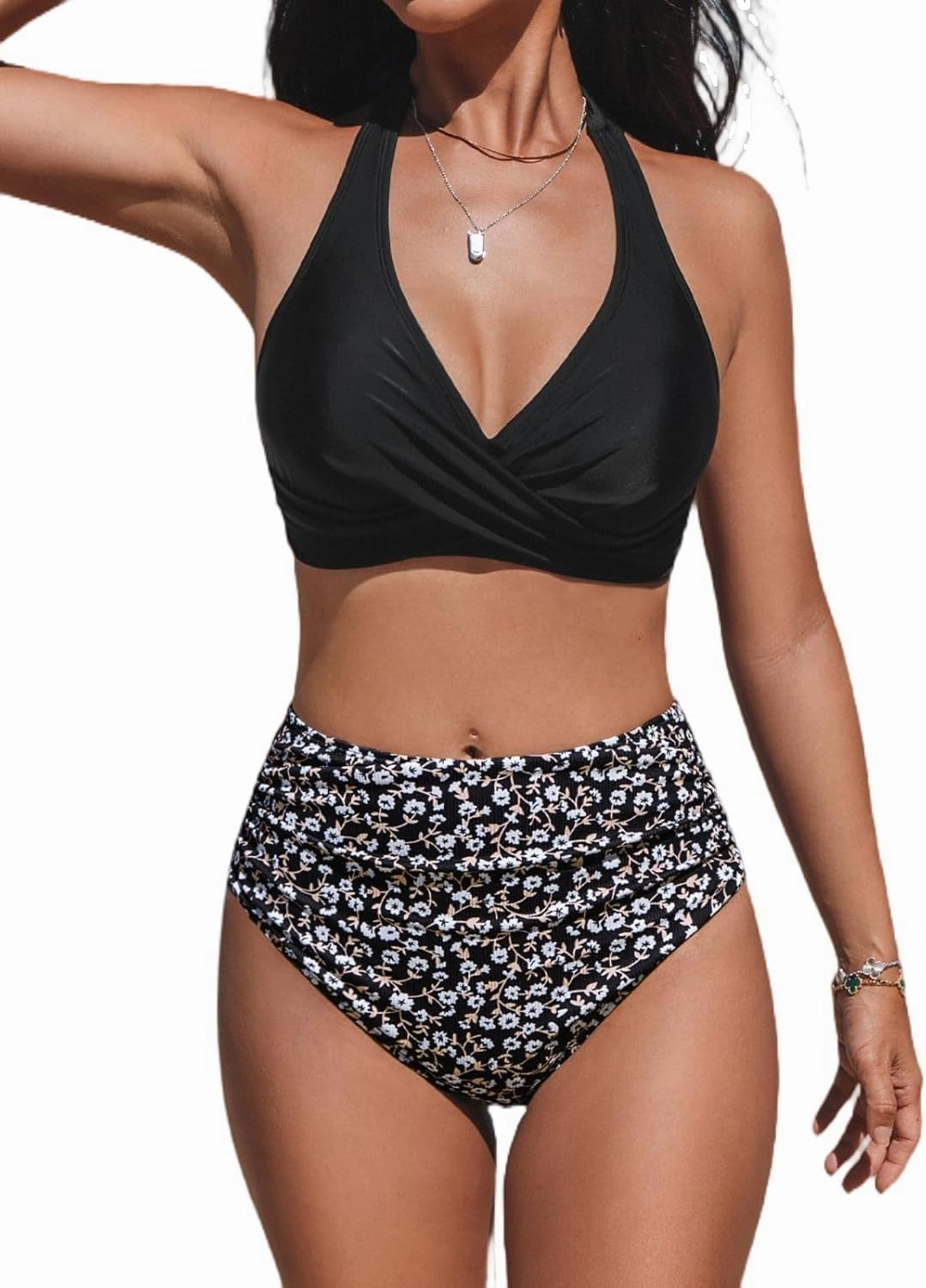 CUPSHE Women's Bikini Sets Two Piece Bathing Suit High Waisted V Neck Halter Front Twist Back Hook Textured