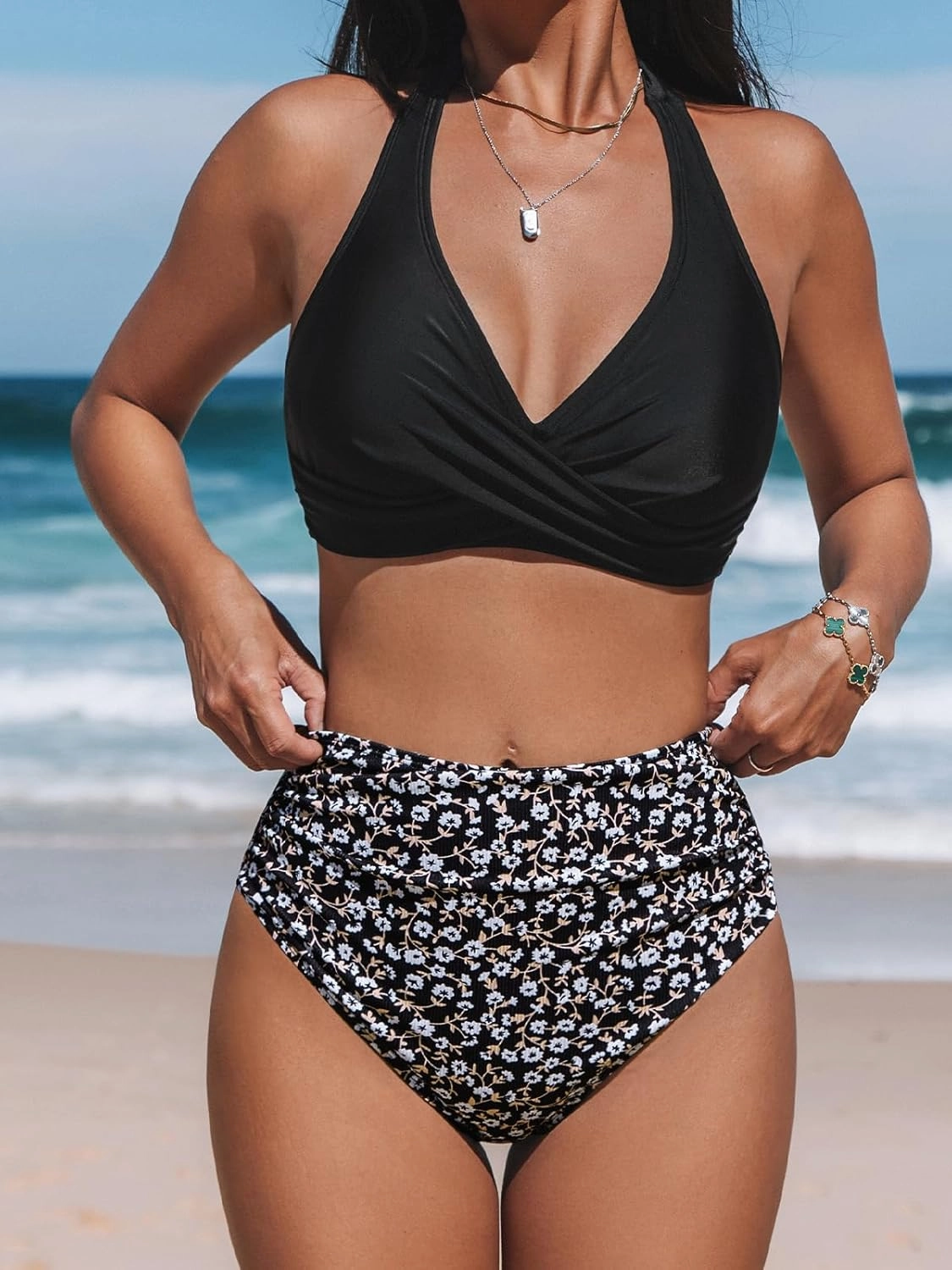 CUPSHE Women's Bikini Sets Two Piece Bathing Suit High Waisted V Neck Halter Front Twist Back Hook Textured