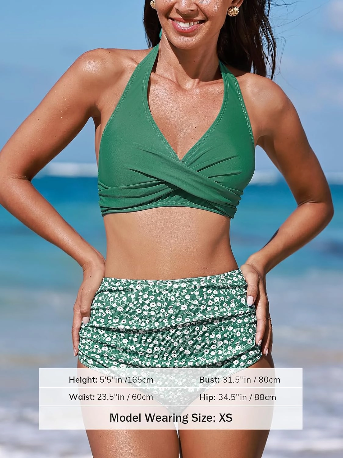 CUPSHE Women's Bikini Sets Two Piece Bathing Suit High Waisted V Neck Halter Front Twist Back Hook Textured