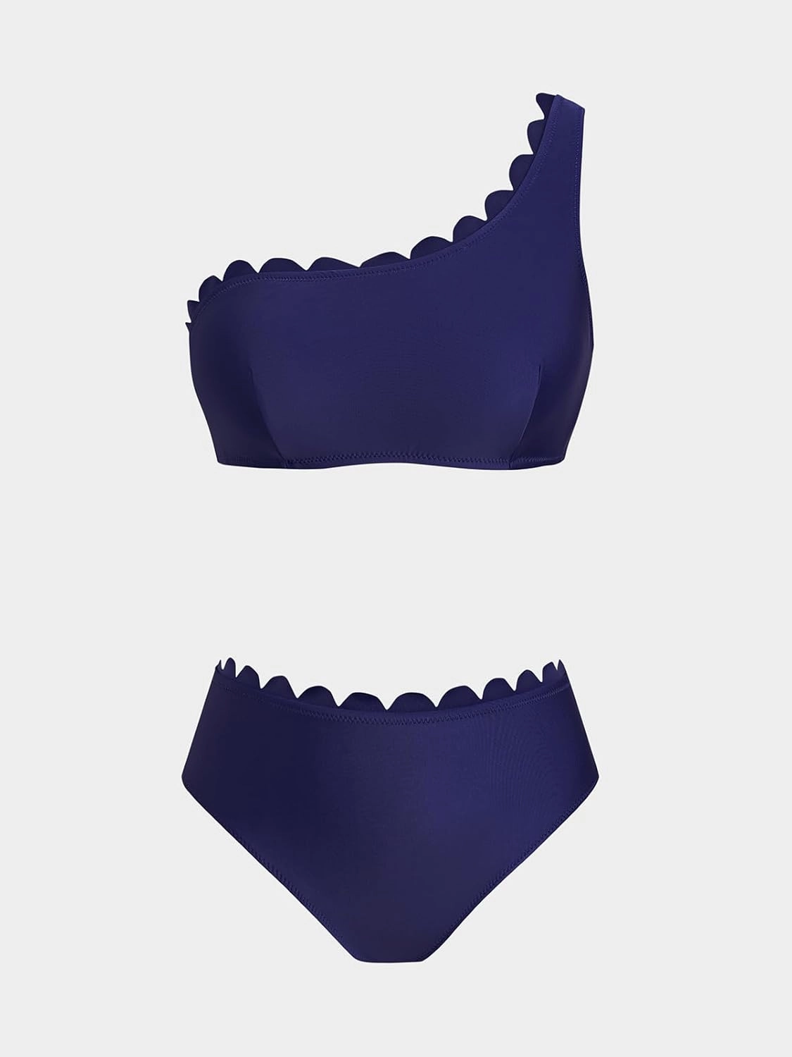 CUPSHE Women's Bikini Sets Two Piece Bathing Suit One Shoulder Mid Rise Scalloped Wide Strap Back Hook
