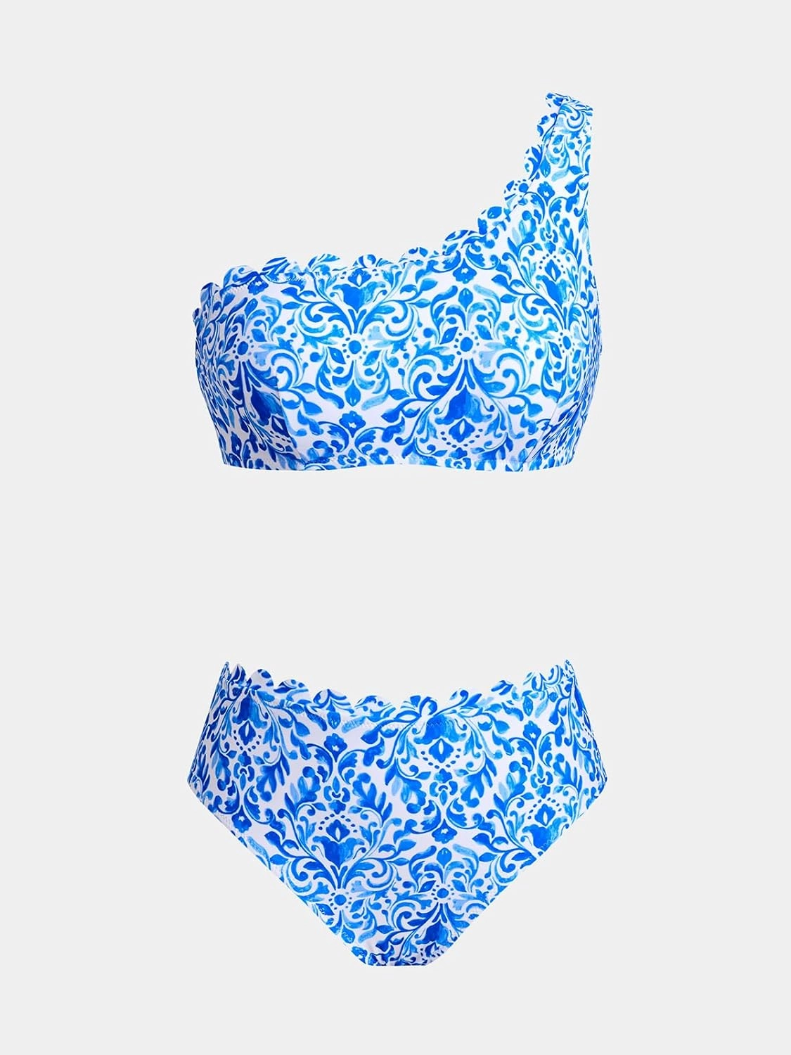 CUPSHE Women's Bikini Sets Two Piece Bathing Suit One Shoulder Mid Rise Scalloped Wide Strap Back Hook