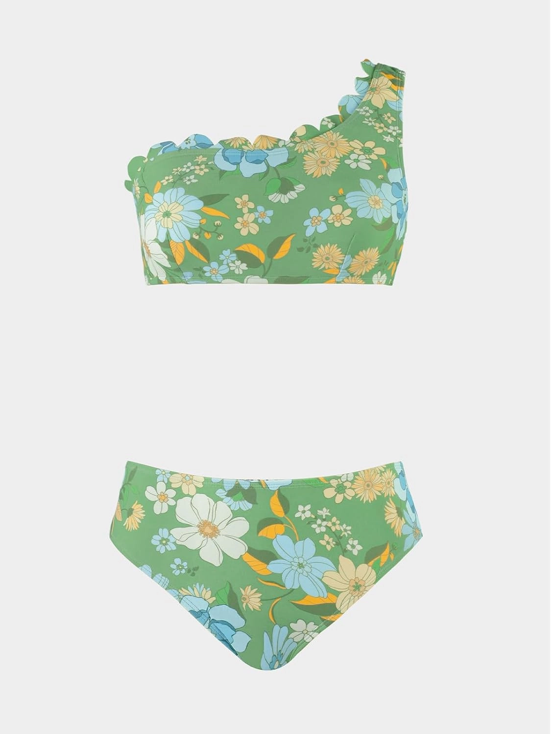CUPSHE Women's Bikini Sets Two Piece Bathing Suit One Shoulder Mid Rise Scalloped Wide Strap Back Hook