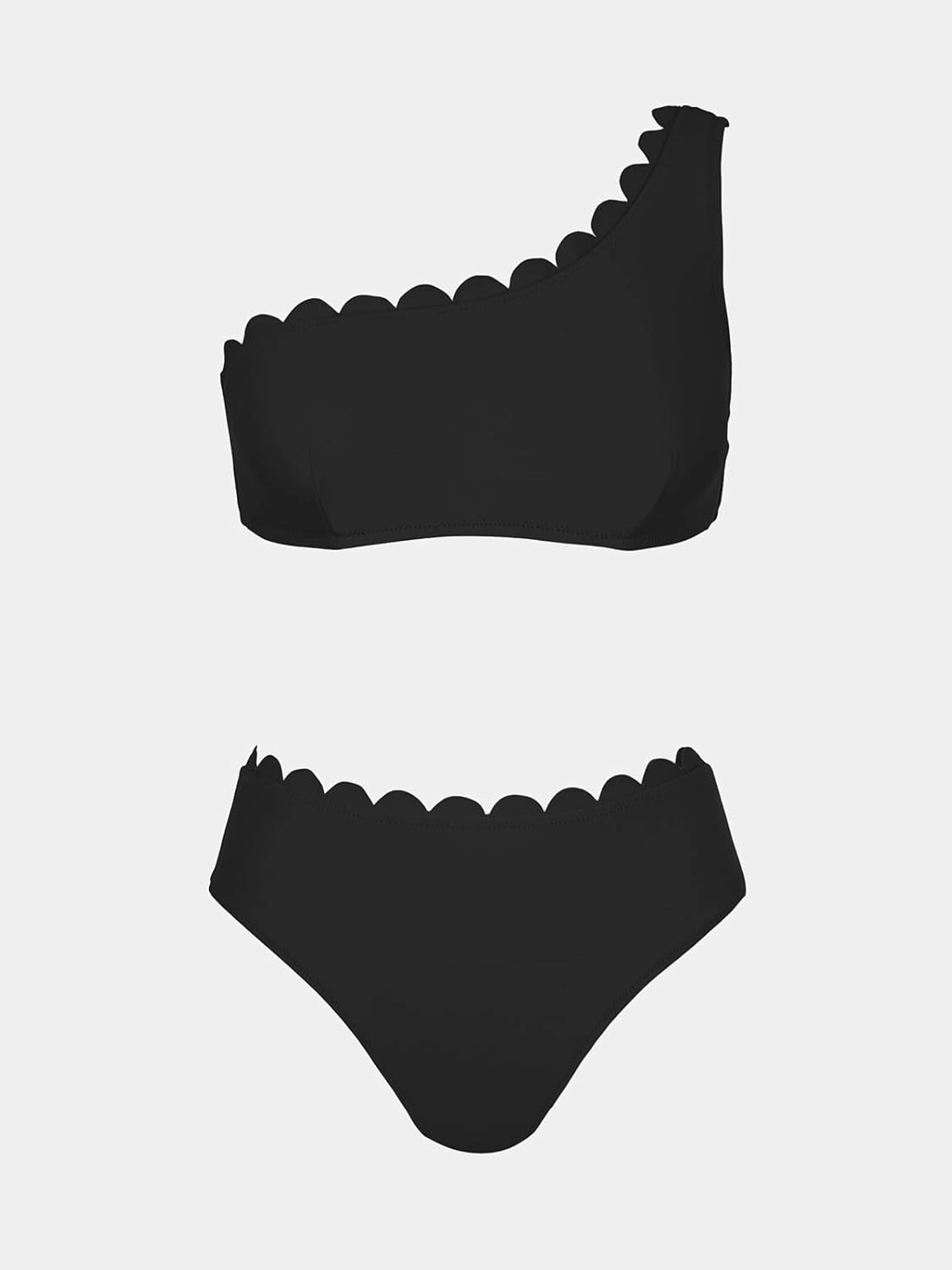 CUPSHE Women's Bikini Sets Two Piece Bathing Suit One Shoulder Mid Rise Scalloped Wide Strap Back Hook